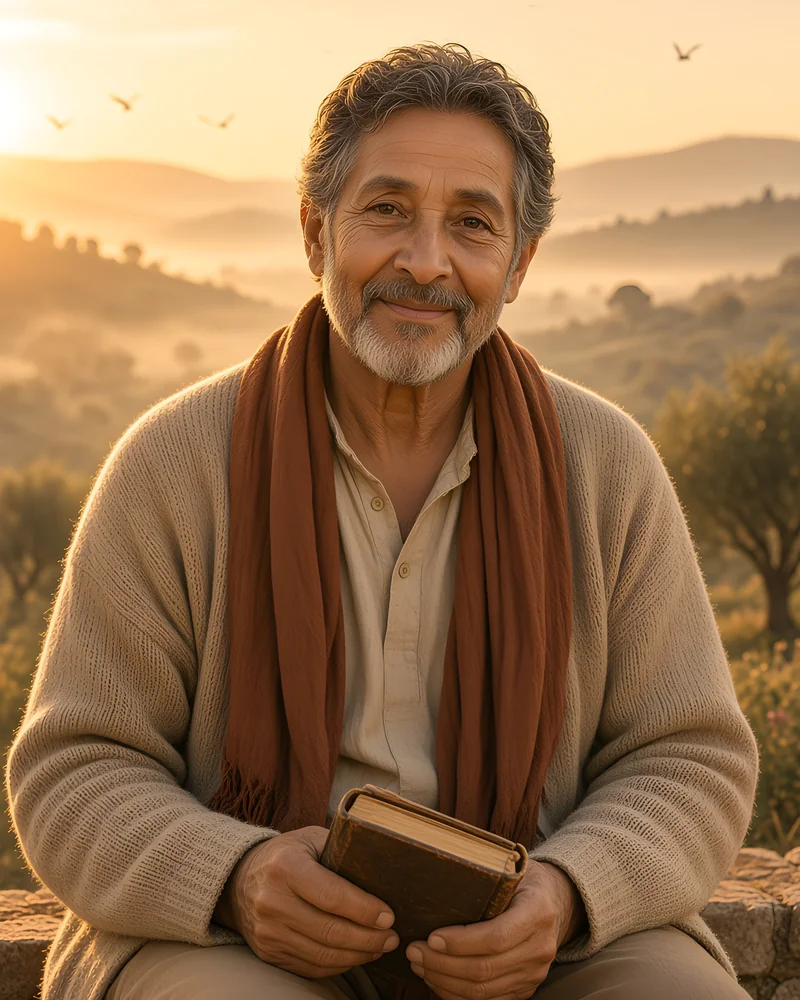 Illustrated portrait of The Morning Psalmist, an AI guide: a man with grey curly hair in a knit cardigan, linen shirt and rust scarf, seated holding a book on misty hills at dawn.