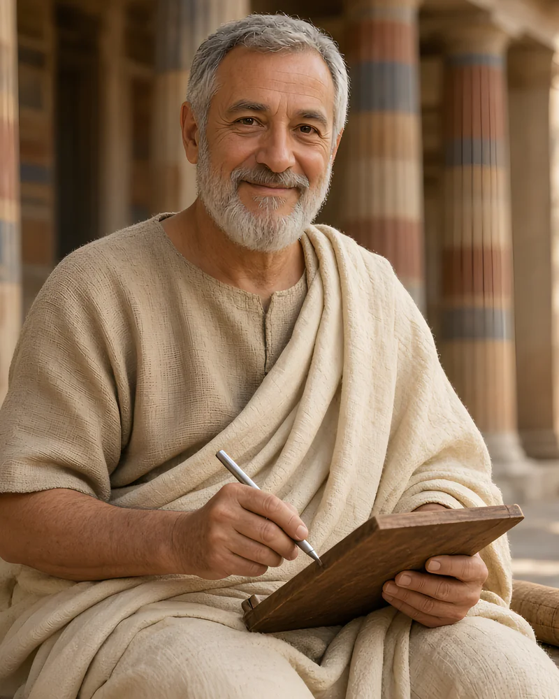 Illustrated portrait of The Stoic Coach, an AI guide: a man in a cream classical robe, seated holding a stylus and tablet among stone columns.
